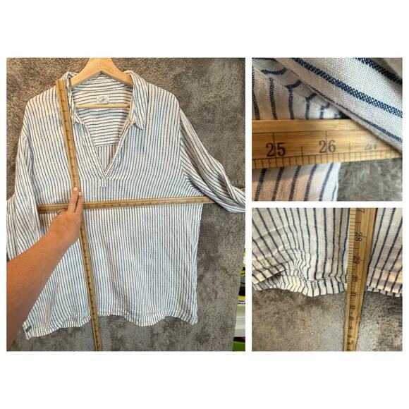 Sigrid Olsen Linen Blue White Stripe Tunic Top Popover Blouse Buttons 2X 2XL - Picture 8 of 9